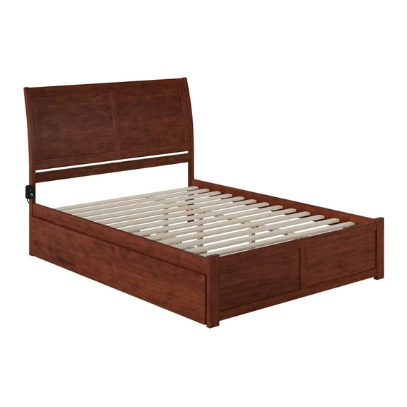 Portland Queen Bed with Footboard and Twin Extra Long Trundle in Walnut