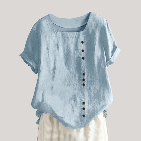 Qertyioot Women Short Sleeve Linen Shirts 2024 Trendy Crewneck Flower Printed Tees Blouse Casual Comfy Cotton Summer Tops