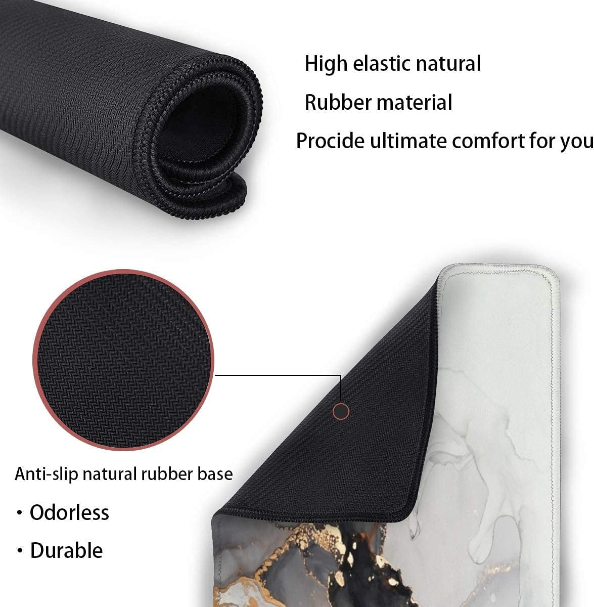 Gold Marble Extended Gaming Mouse Pad Non-Slip Rubber Base Large White Mousepad 35.4×15.7in with Stitched Edge Waterproof Thick Keyboard Pads Black Computer Desk Laptop Mats for Work Game Office