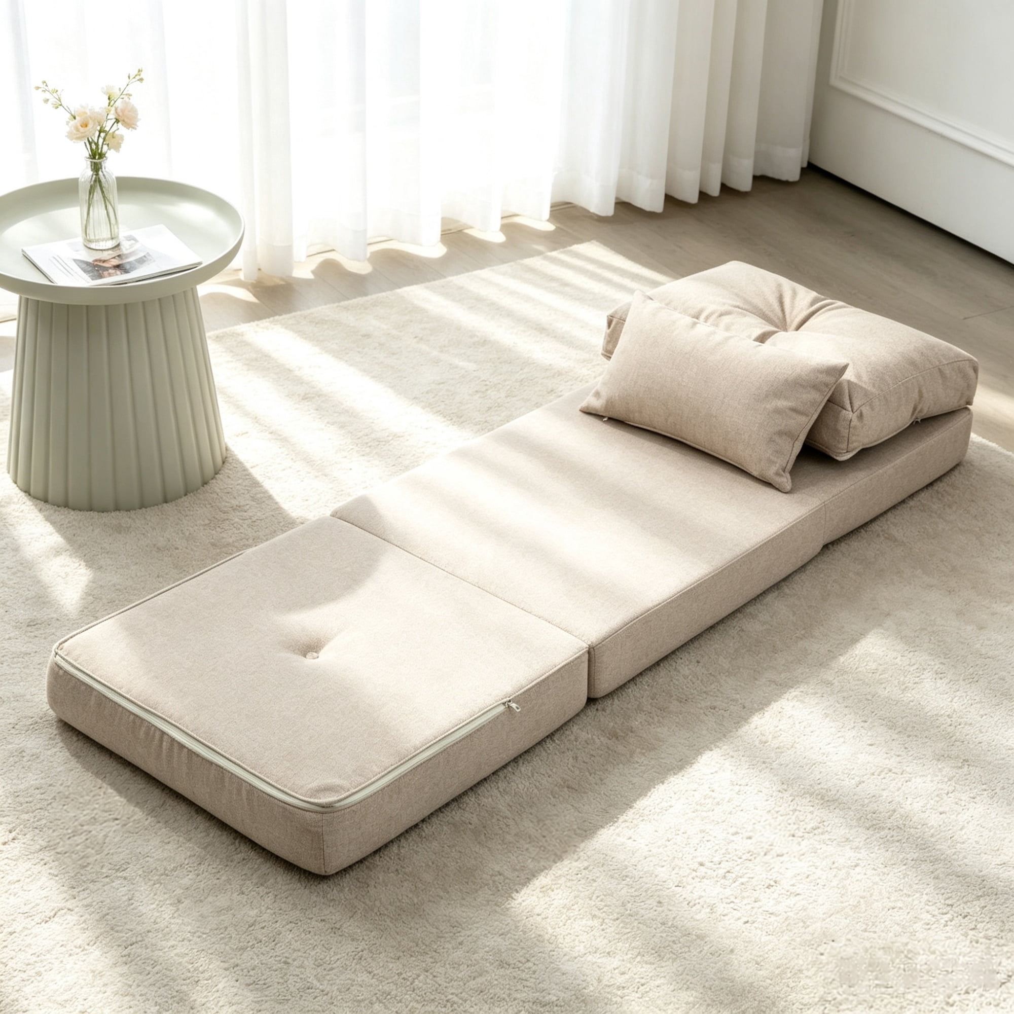 Beige Convertible Floor Sofa Bed, No Assembly Required Folding Upholstered Couch, Adjustable Backrest Floor Chair