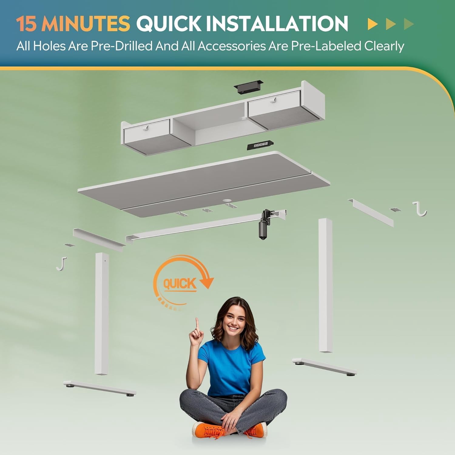 55×28 Inch Electric Standing Desk with Drawers, Computer Desk with 3 Adjustable Height, Storage Shelf and Built-in USB Outlet, Memory Preset, Sit to Stand Desk for Home Office, White