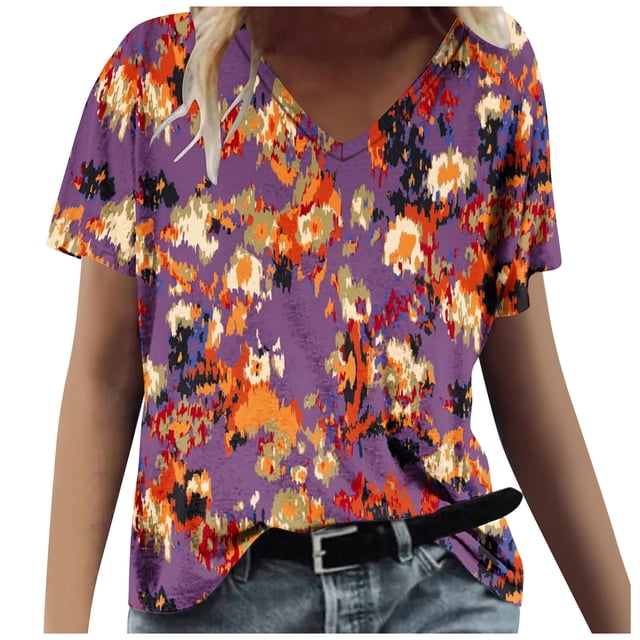 Tops Florales para las Mujeres, Casual V-Cuello Camiseta de Manga Corta Blusa de Moda Hecha de Estante de Imitación para Toda la Temporada de Uso Diario, Tops Cortos para las Mujeres