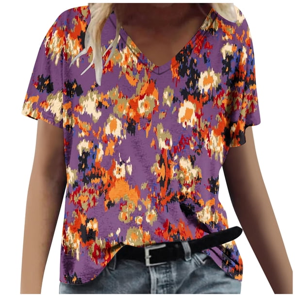 Tops Florales para las Mujeres, Casual V-Cuello Camiseta de Manga Corta Blusa de Moda Hecha de Estante de Imitación para Toda la Temporada de Uso Diario, Tops Cortos para las Mujeres