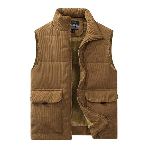 MELDVDIB Mens Zip-Up Puffer Vest Coats Corduroy Thickened Solid Color Sleeveless Jackets Warm Padded Stand Collar Outwear with Multiple Pockets