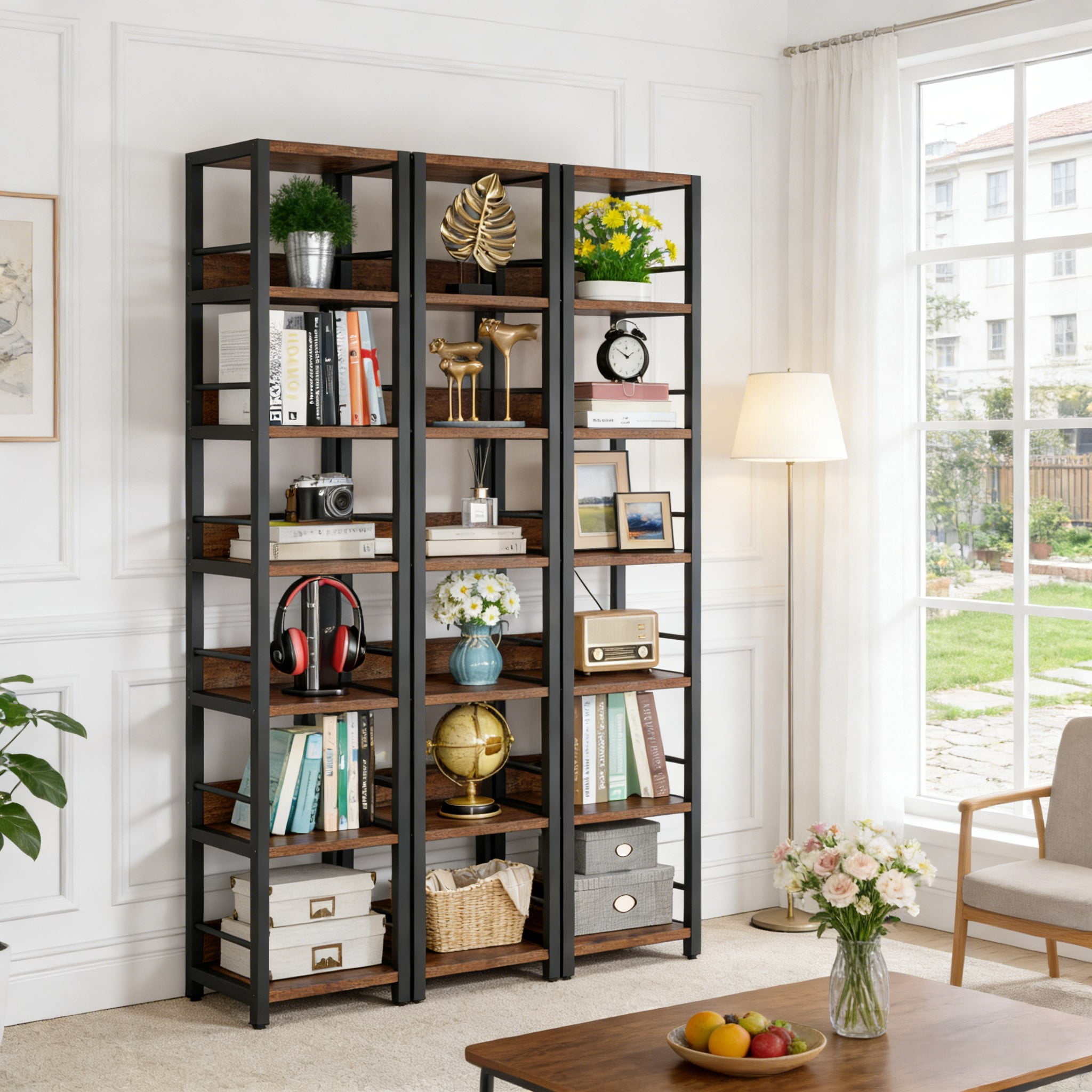 Fnova 75" 6-Tier Corner Bookshelf, Tall Narrow Rustic Wood Open Storage Rack, Square Bookcase Display Stand for Small Spaces in Living Room, Bathroom