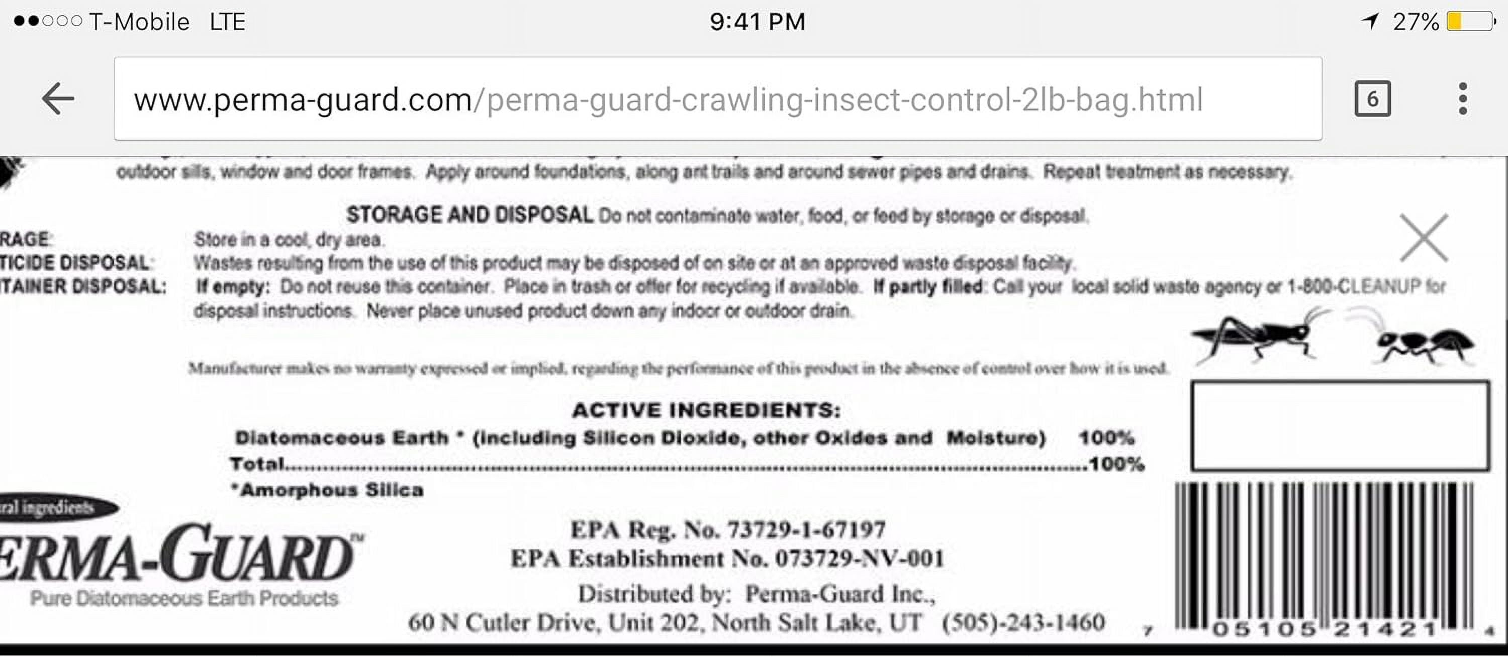 Perma Guard Crawling Insect Control Diatomaceous Earth Powder / 2 Pound Bag