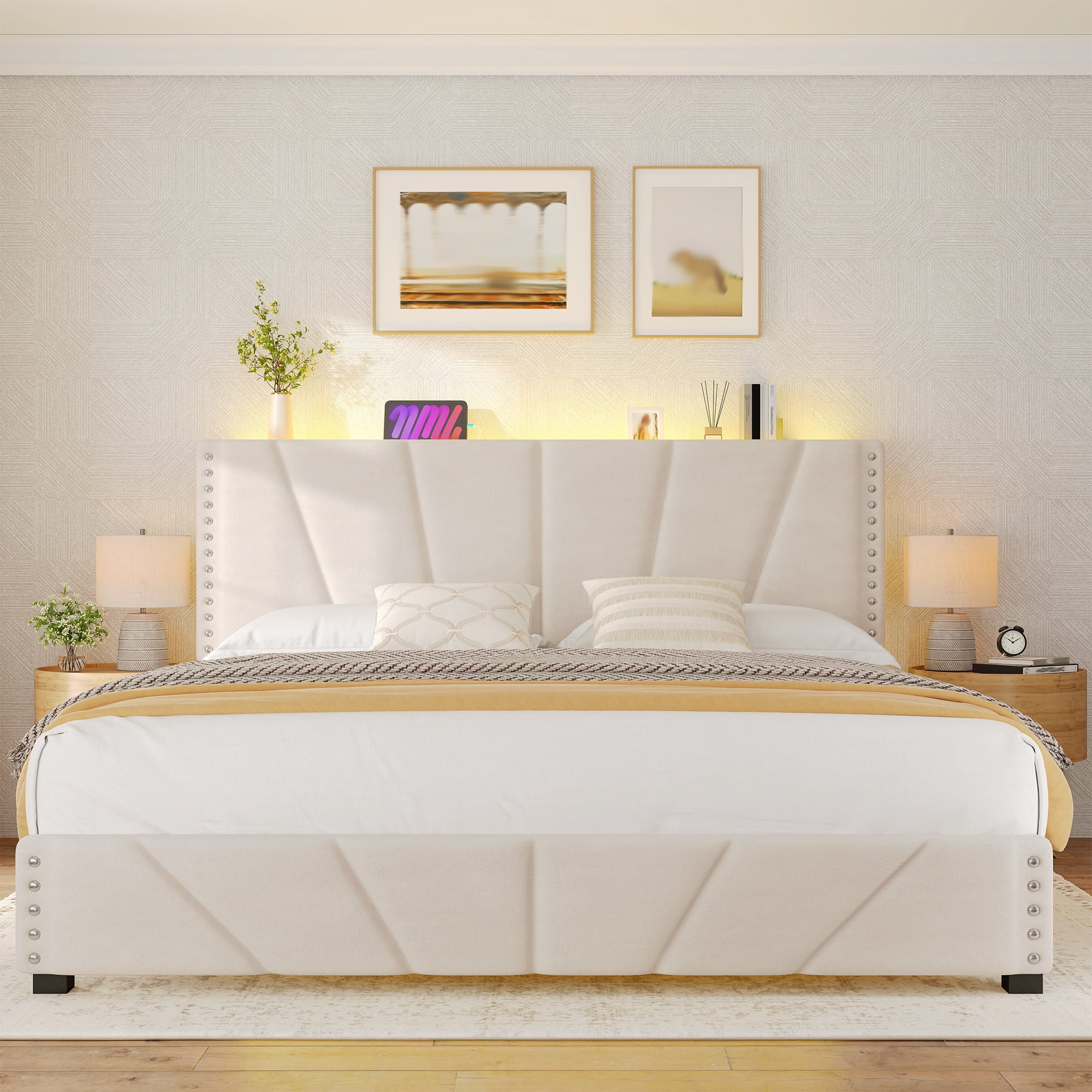 Romorgniz King Size Bed Frame with Underbed Storage Upholstered Bed Frame with Adjustable Headboard Platform Bed Frame with LED Light & Charge Station ,Beige