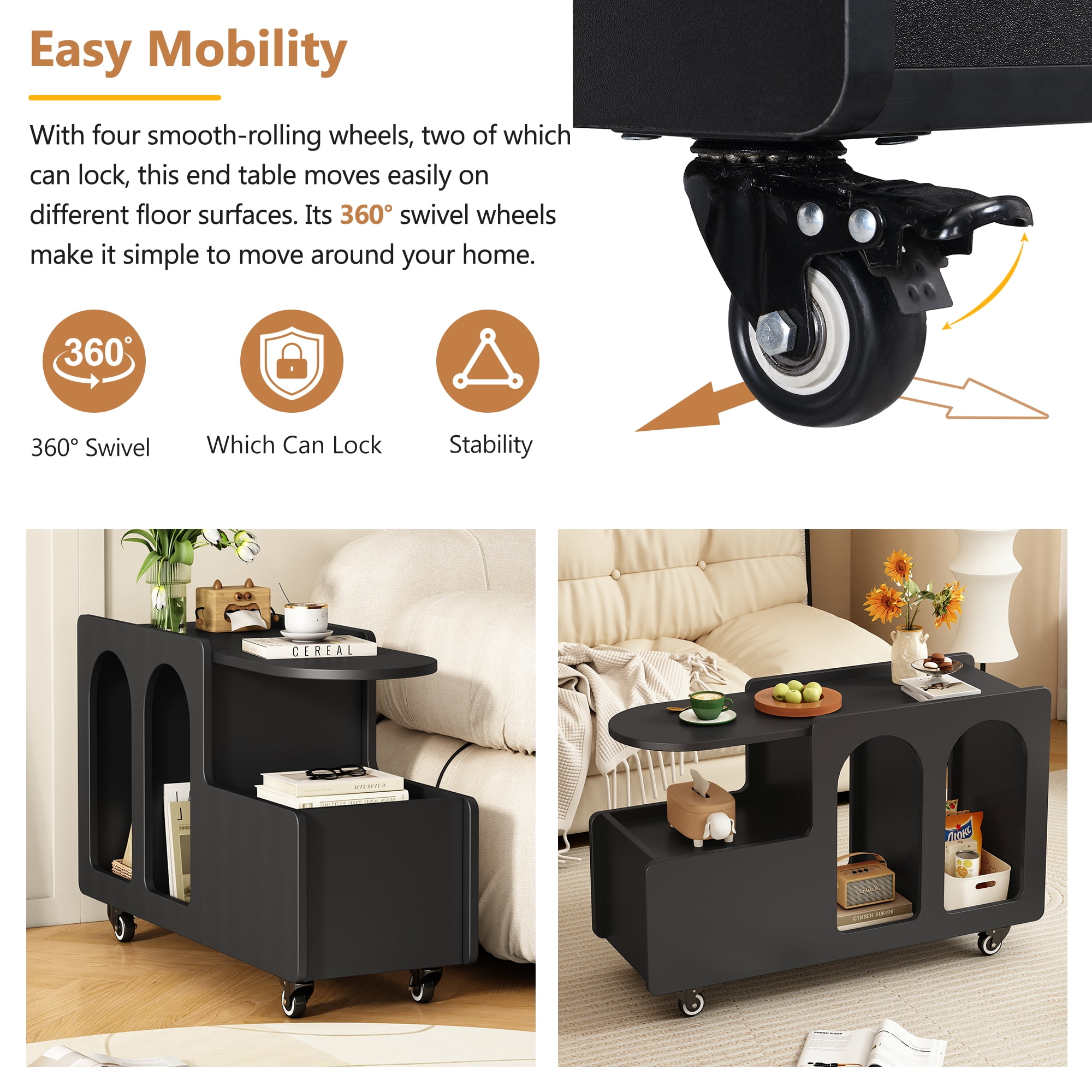 MAYEERTY Mobile End Table with Lockable wheels, Side Table, Narrow Nightstand with Multi-layer Storage, Black