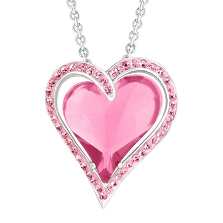 - Double Heart Pendant Necklace with Rose Swarovski Crystals in Sterling Silver, 18