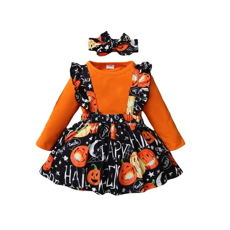 

Frobukio 3Pcs Infant Baby Girls Halloween Outfit Sets Long Sleeve Romper + Pumpkin Print Suspender Skirt + Headband Orange 3-6 Months