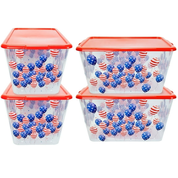 SimplyKleen 4 Pack 14.5 Gallon (58-Quart) Plastic Tote Set, Clear Plastic Stackable Storage Bin with Lid, Storage Box for Home Organization, Patriotic Balloons