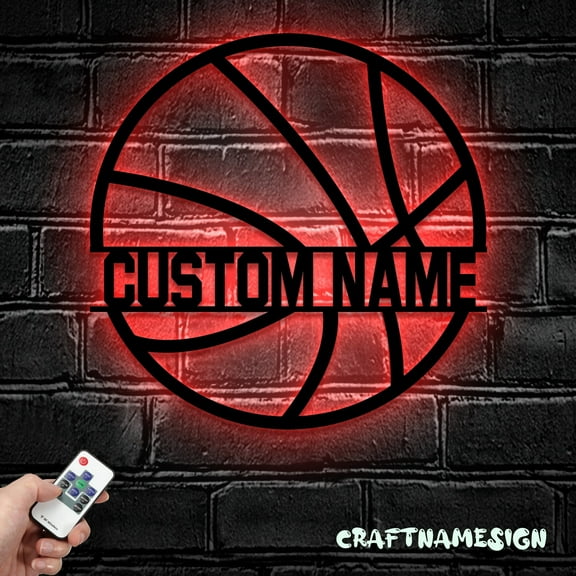 Craftnamesign Custom Basketball Ball Metal Wall Art LED Light, Personalized Basketball Name Sign