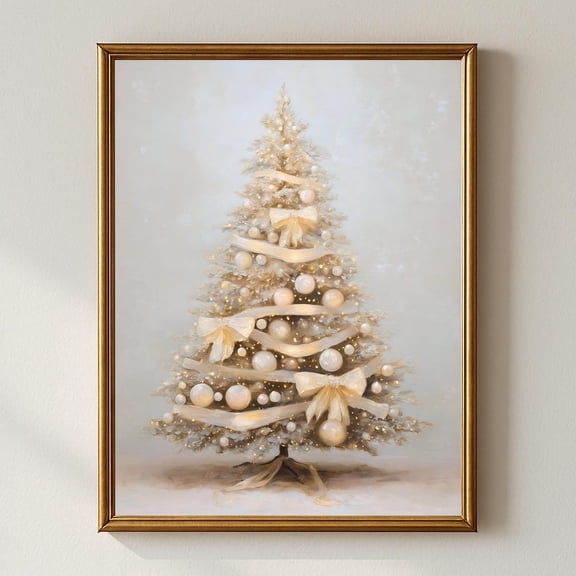 Elegant Neutral Winter Tree Wall Art, Beige Bow Decor, Modern Festive Artwork, Minimalist Winter Home Print Home Decor #999, Unframed Poster Size 8x12