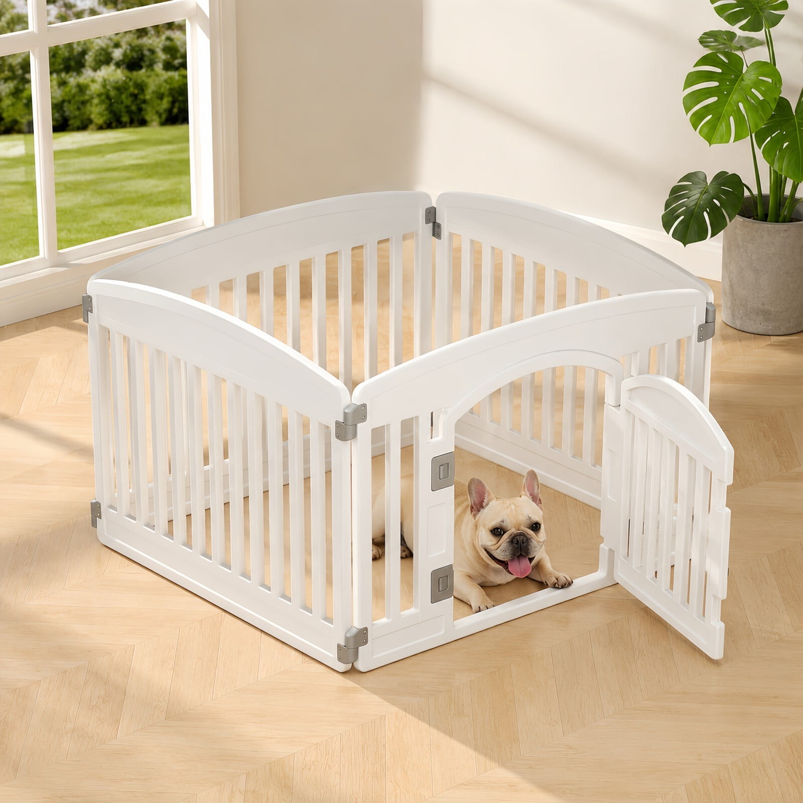 Kelno Dog Playpen 4 Panels Pet Fence with Safety Lock Non Slip Bottom, White
