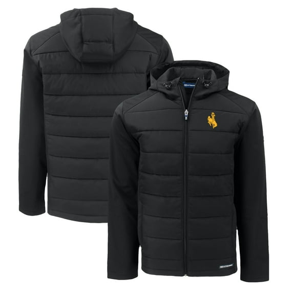 Men's Cutter & Buck  Black Wyoming Cowboys Evoke Hybrid Eco Softshell Recycled Full-Zip Hoodie Jacket