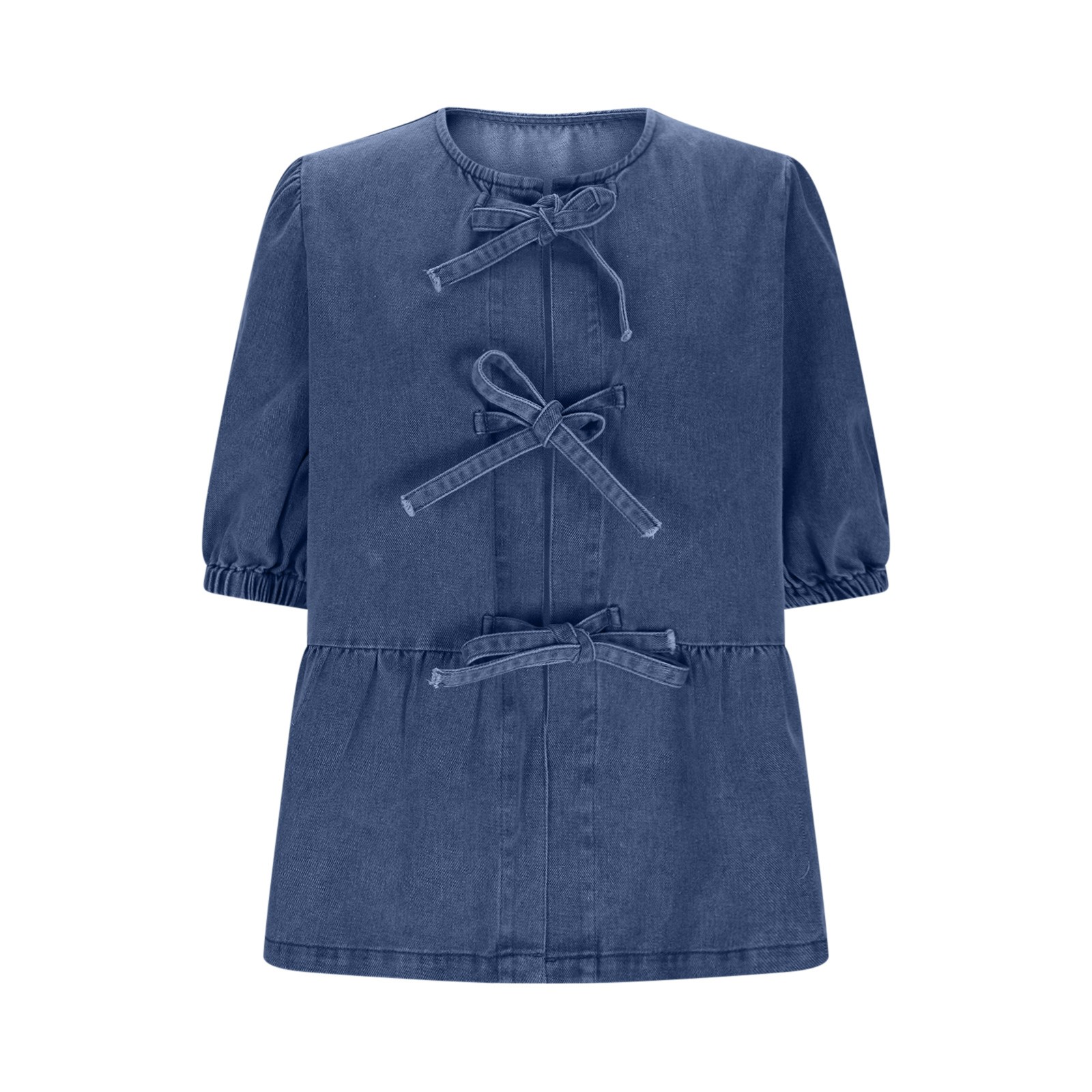 Womens Tops Under $10, Womens Denim Tie Front Tops Babydoll Peplum Puff Sleeve Jean Shirts Crew Neck Summer Casual Bow Blouses