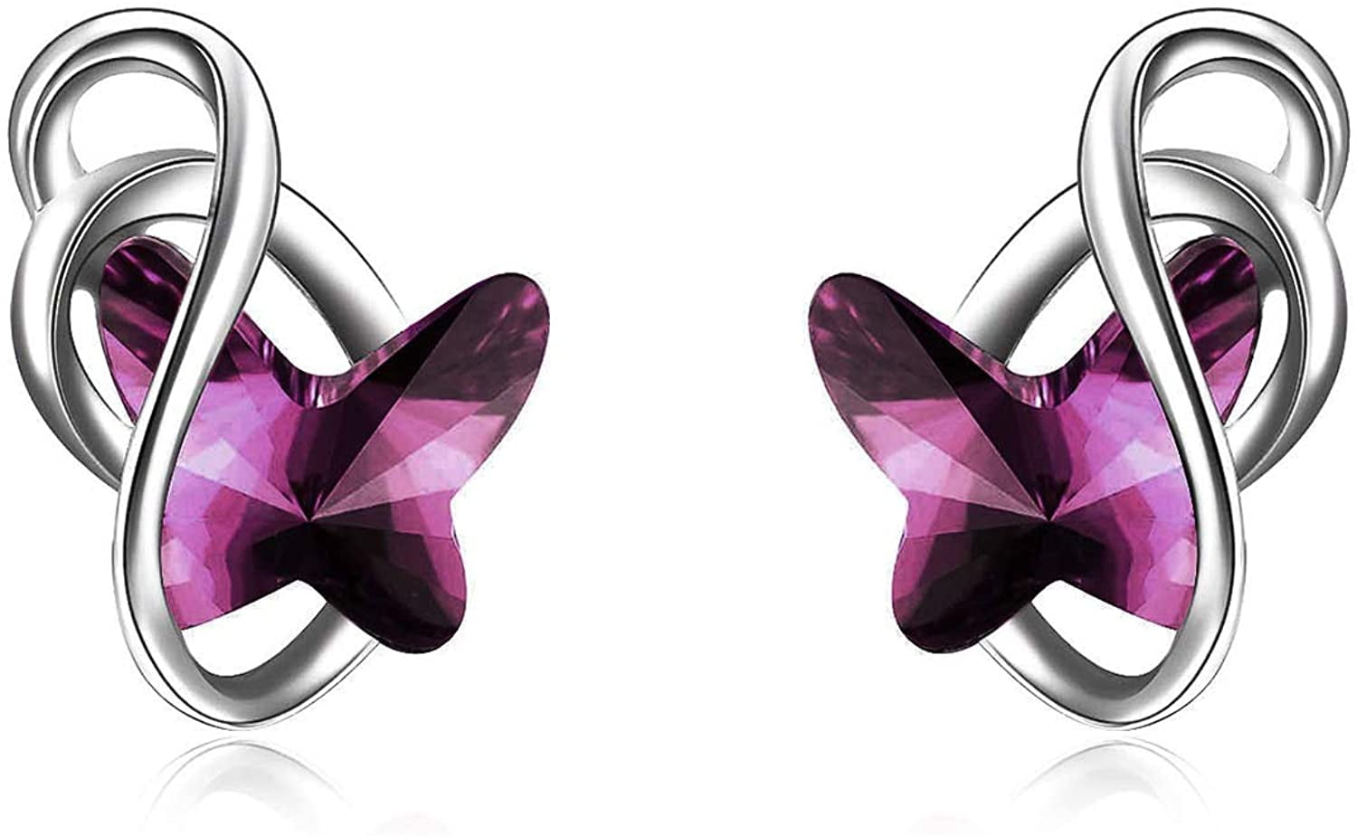 925 Sterling Silver Crystal Violet Purple Butterfly Sleeper Hoop Earrings Kids 