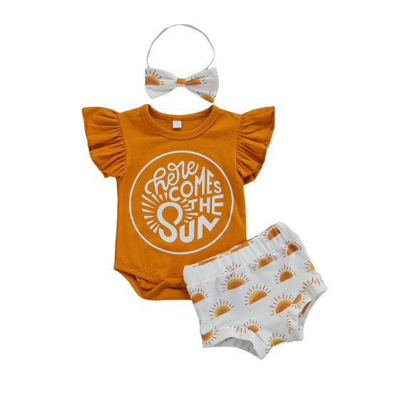 Bagilaanoe 2pcs Newborn Baby Girl Short Pants Set Fly Sleeve Romper Tops Shorts Hairband 3M 6M 12M 18M Infant Casual Summer Outfits