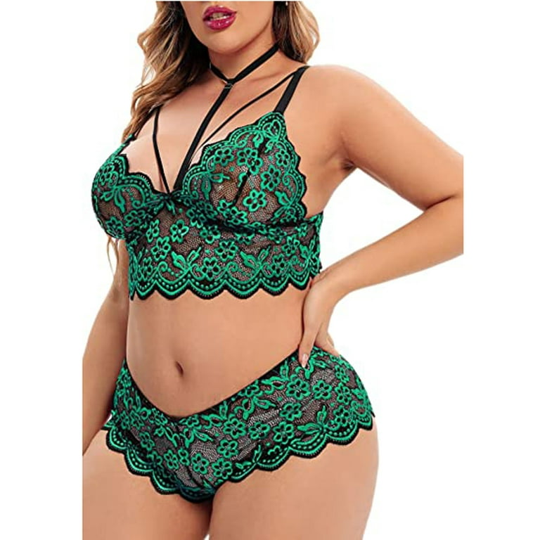 RQYYD Plus Size Lingerie Set for Women,Sexy V-neck Sheer Floral Lace  Scallop Trim Criss Cross Strappy Bra Stretch Panty 2 Piece Set (Green,XXL)