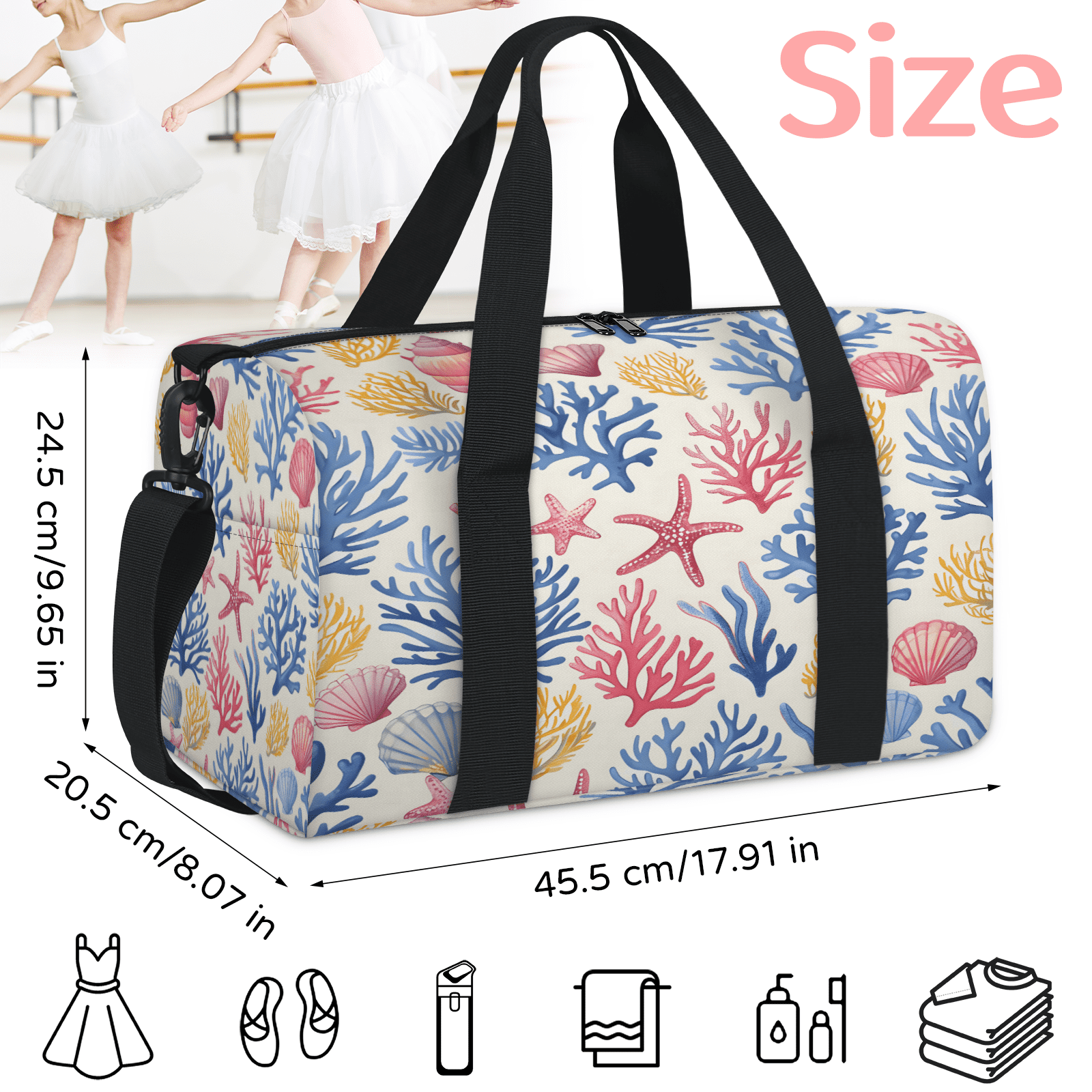Herdesigns Coastal Starfish Seashell Gym Bag for Women, Duffle Bag for Travel Sport, Lightweight Waterproof Carry on Weekender Overnight Dance Yoga Workout Bags