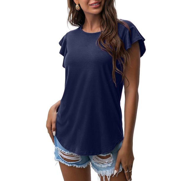 Womens Summer Tops Dressy Casual Ruffle Short Sleeve Crewneck Shirts Solid  Color Loose Fit Basic T Shirts Tunic Blouses 