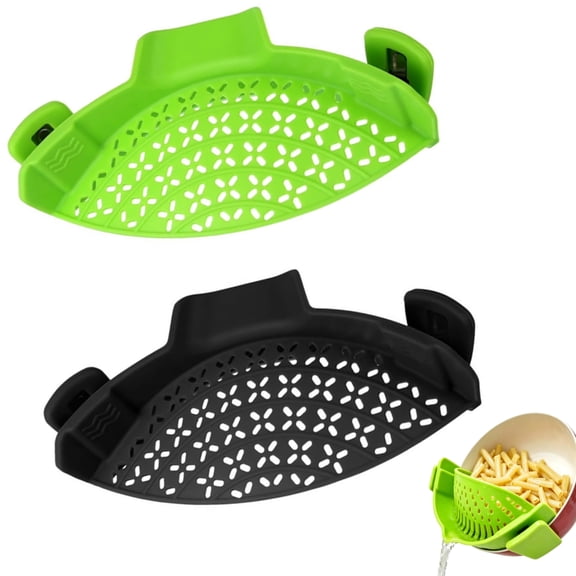 2Pcs Clip on Strainer, Silicone Food Strainer Hands-Free Pan Strainer, Silicone Pasta Strainer Clip-On for Pots and Pans, Heat Resistant Colander for Cooking