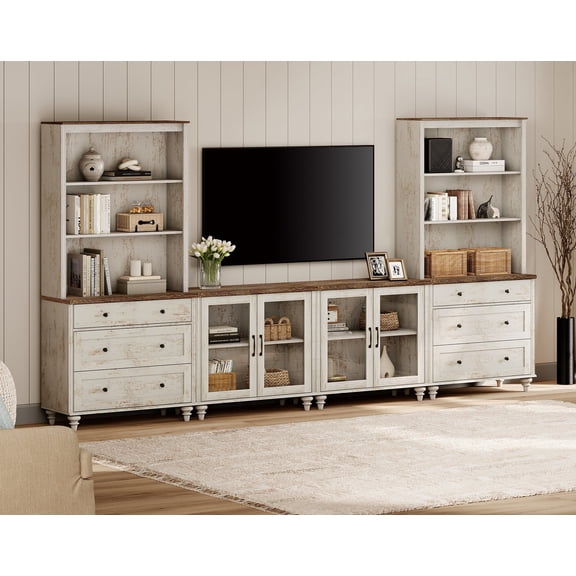 Farmhouse Entertainment Center with Bookshelves with Glass Doors & Drawer,  Wall Unit TV Stand for TVs up to 75", Media Console Table for Living Room, Bedroom & Home Theater, Rustic White
