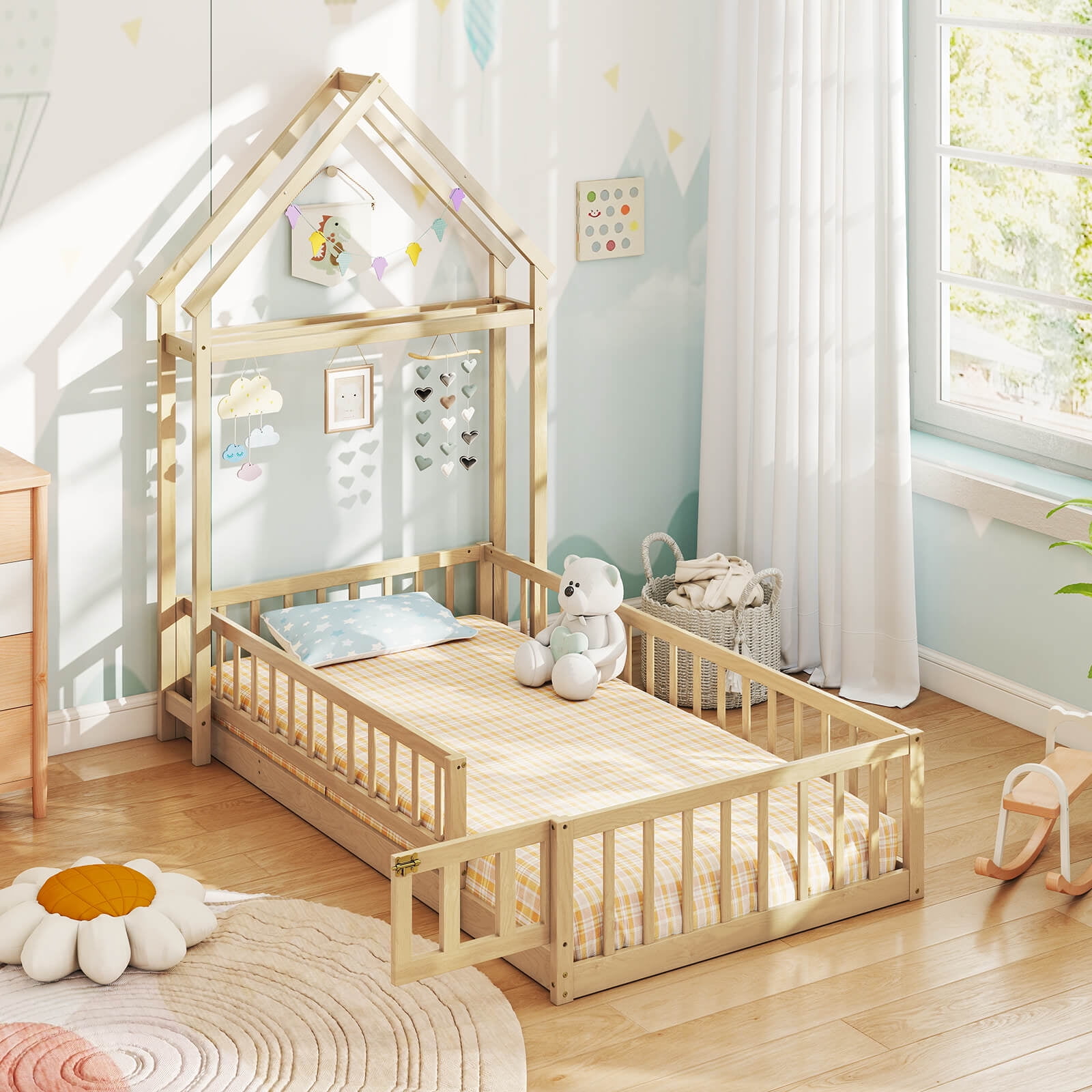 Costway Twin Size House Floor Bed with House-shaped Headboard Clothes Hanger without Slats Beige