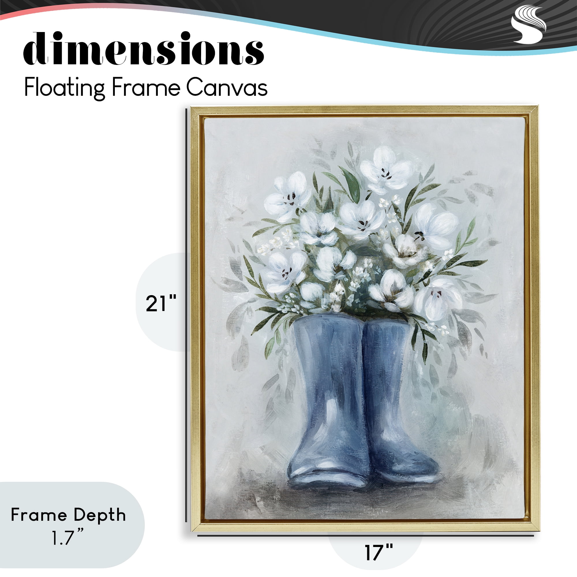 Stupell Industries Botanical Bouquet in Blue Boots Gold Framed Floater Canvas Wall Art, design by Kristen Brockmon