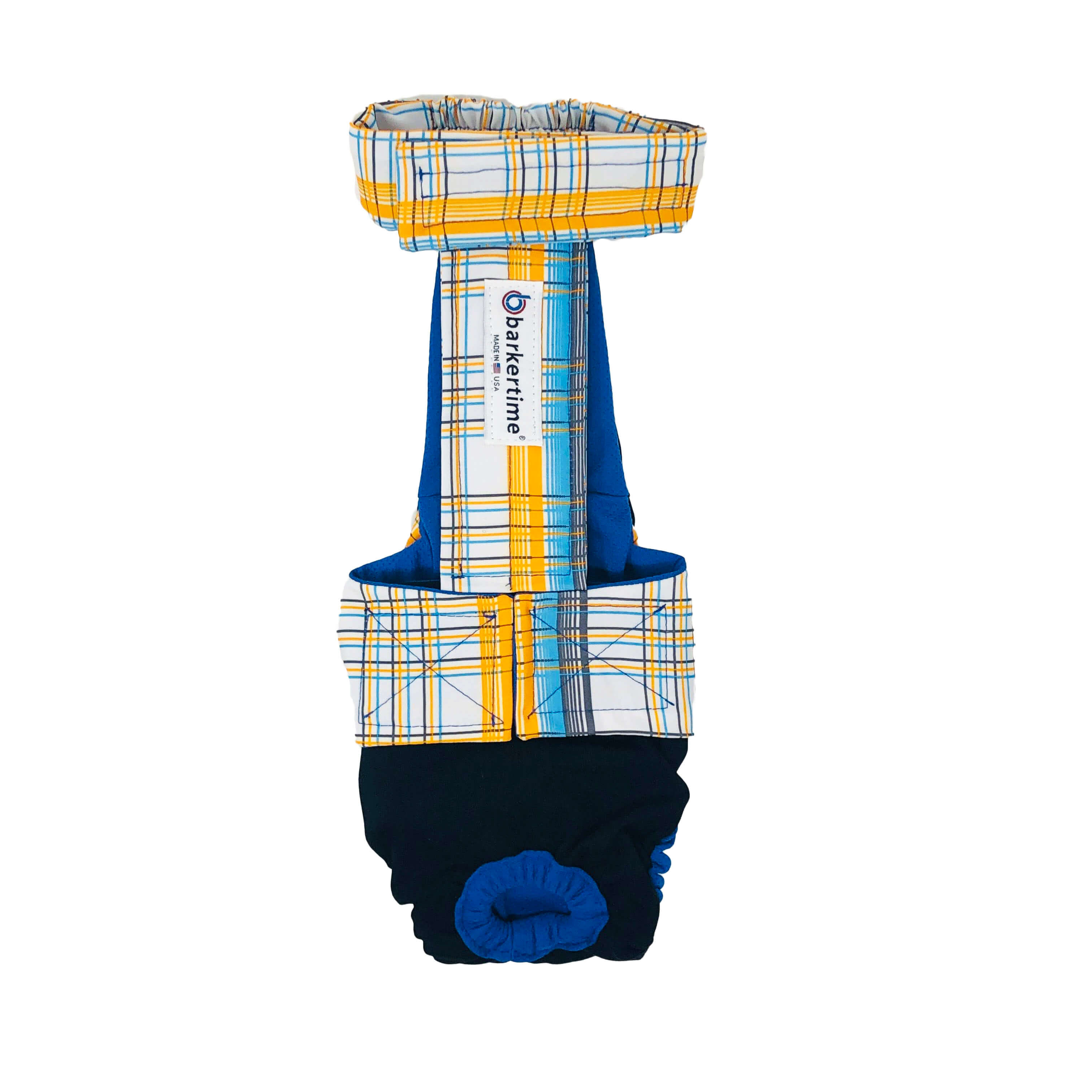Barkertime Blue Yellow Plaid on Black Dog Diaper Overall