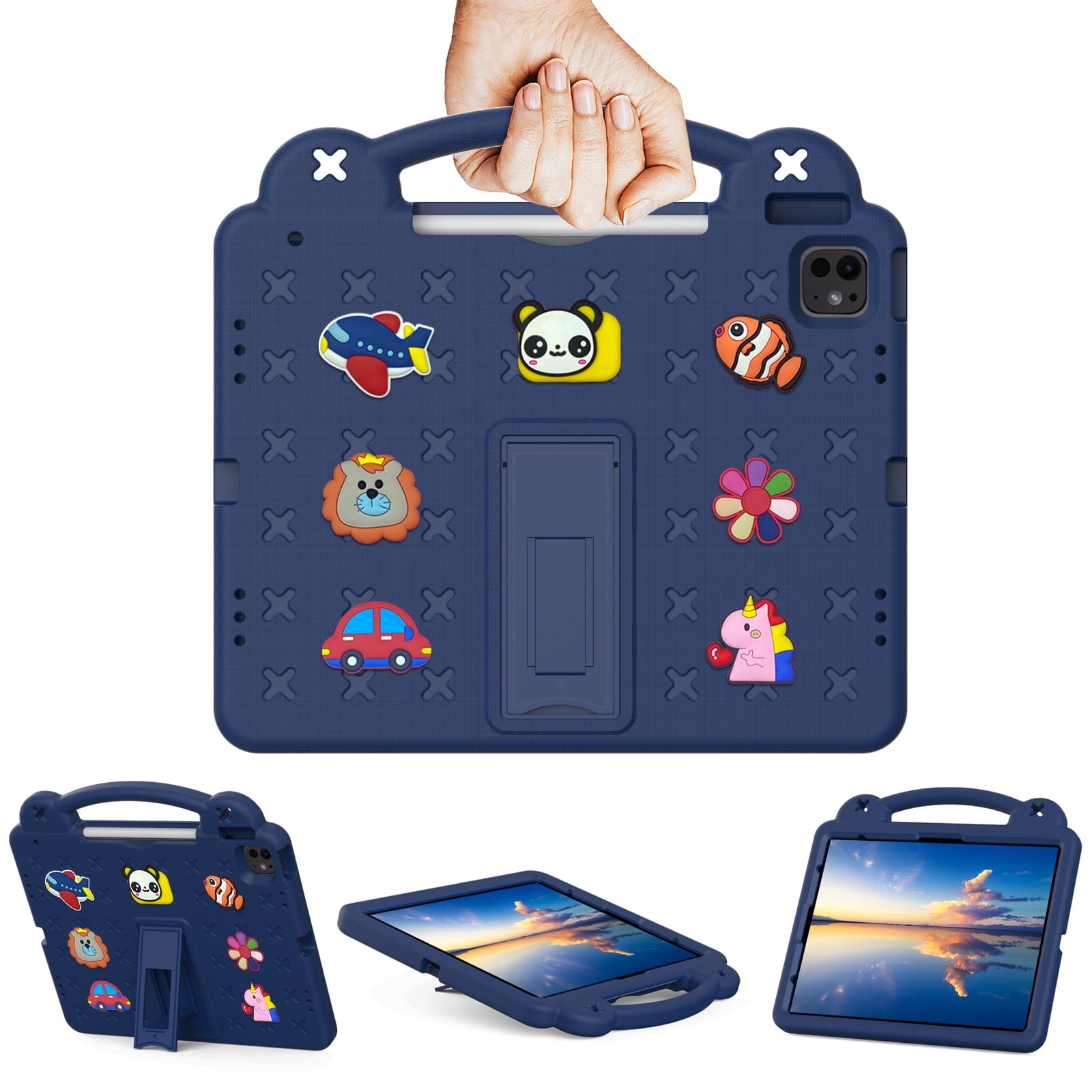 Nalacover Cartoon Handle Case for Apple iPad Air 13 inch (2024) Case, EVA Foam Cute Pattern with Pencil Holder Kickstand Cute Shockproof PC Case for Apple iPad Air 13 inch (2024), Navyblue