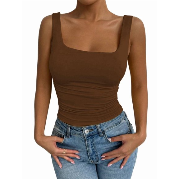 Women'S Summer Sleeveless Square Neck Tank Top Ruched Slim Fit Basic Vest Tops Brown XS