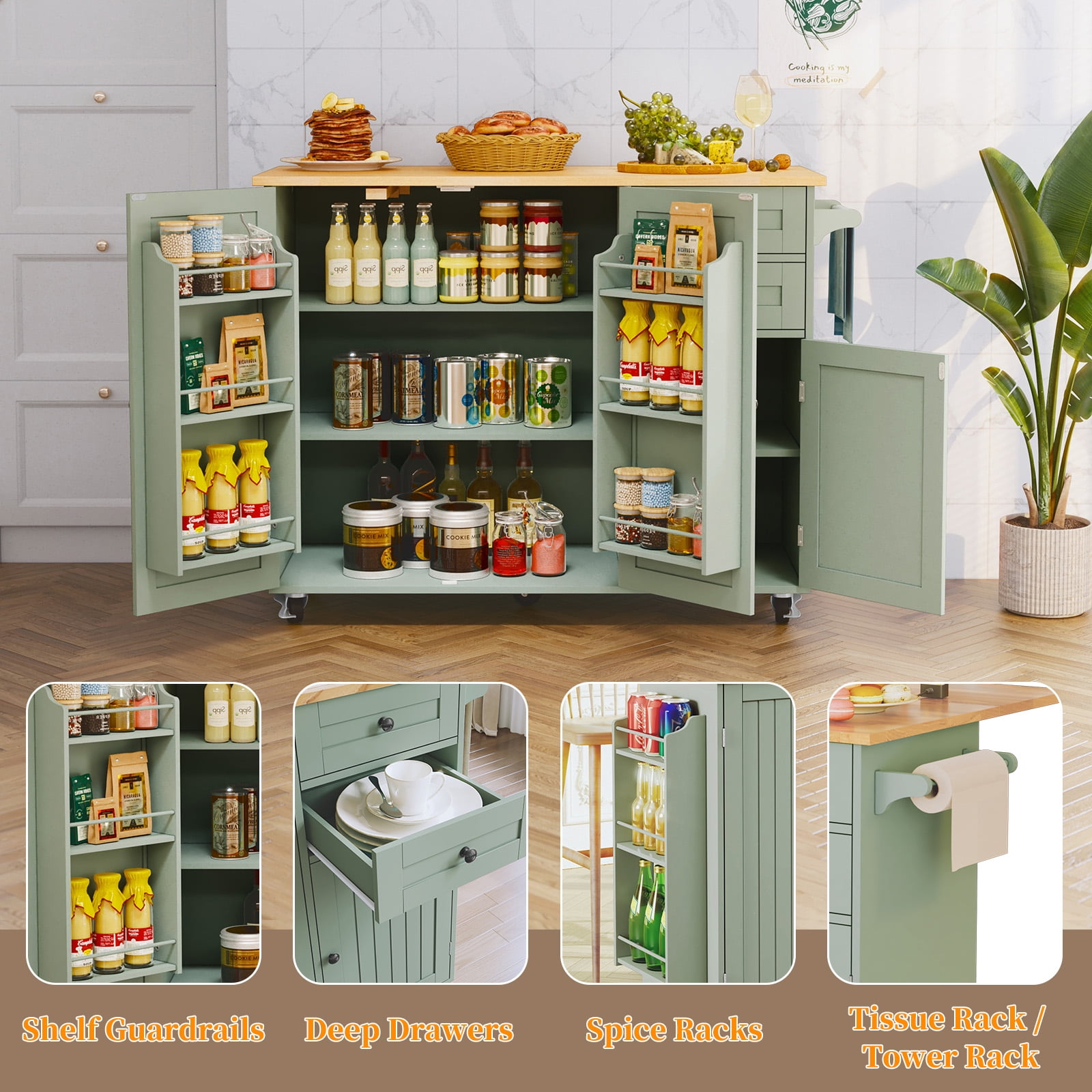 CBJCBJ 50.4" Kitchen Island with Storage, Wood Top Cart with Drop Leaf and Wheels, Green