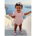 thumbnail image 6 of BemeyourBBs Newborn Baby Girl Summer Clothes Smocked Bubble Romper Cotton Linen Outfits Cherry Floral Print Crew Neck Flying Sleeve Bodysuit and Bow Headband 2 Pcs Set, 6 of 9
