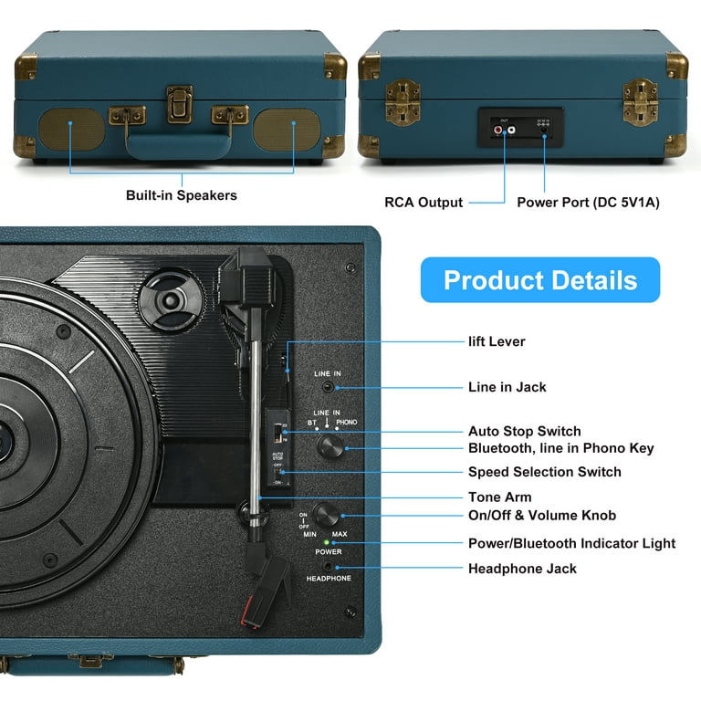 Udreamer Vinyl Record Player 3-Speed Turntable with Bluetooth,Suitcase  Portable Vintage Audio Turntables,Blue
