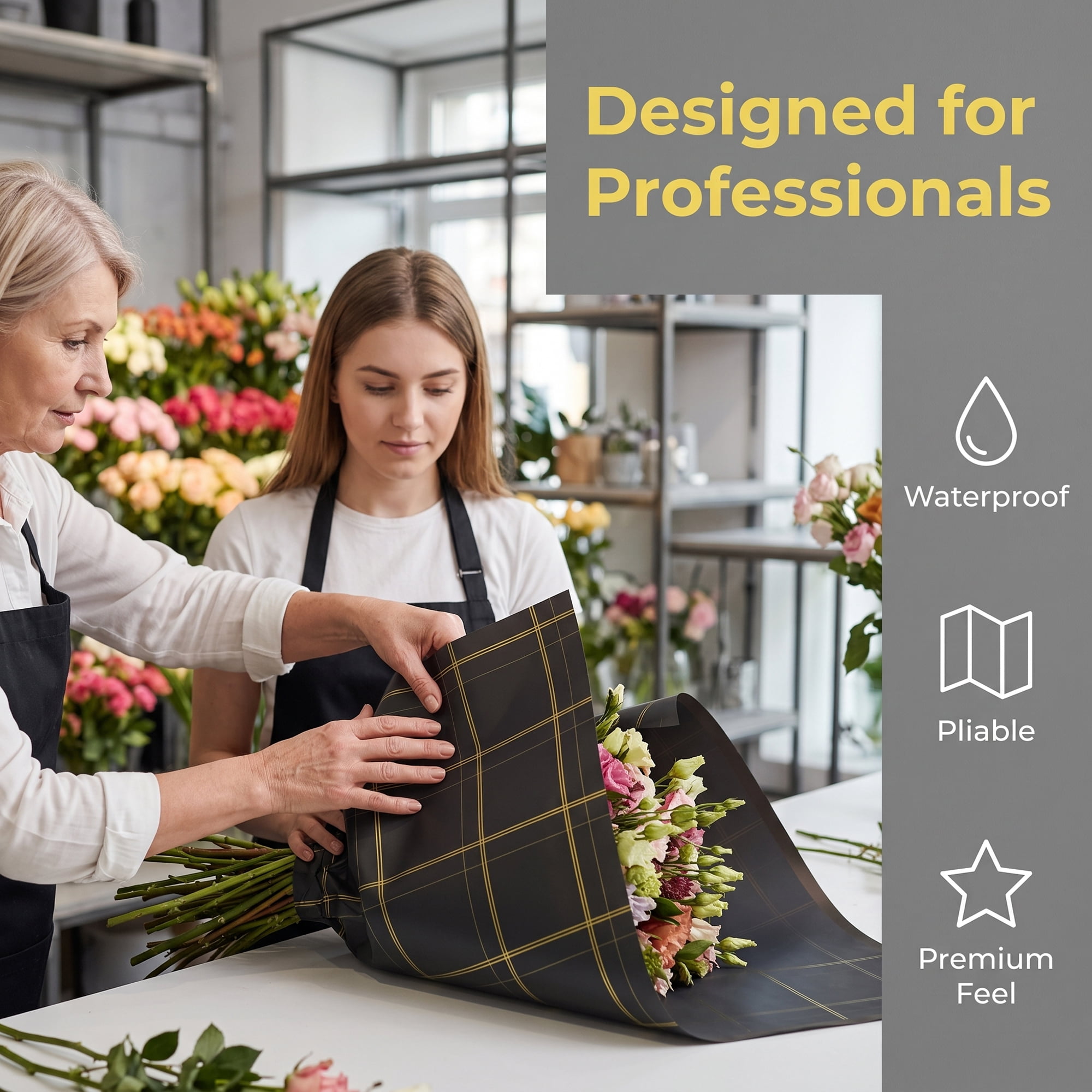 Unique Bargains Luxury Plaid Waterproof Gift Wrap Paper for Bouquets Black 22.4"x 22.4"