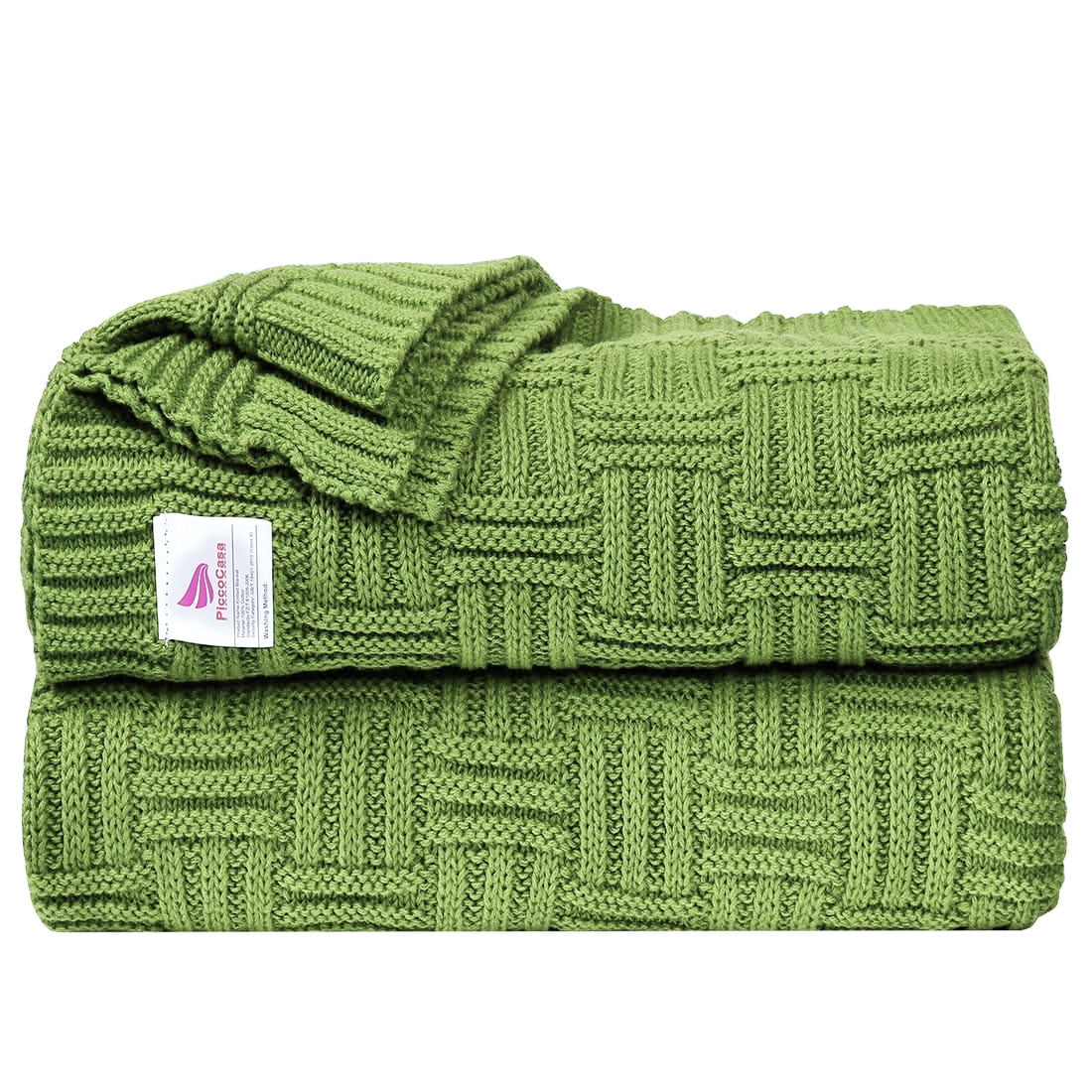 PiccoCasa Knit Blanket Green Twin Lightweight Cotton Cable Knit Throw
