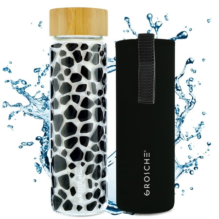 

GROSCHE Venice Glass Water Bottle 670 ml 22.6 fl. oz with Giraffe Black pattern bamboo lid Borosilicate Glass and neoprene sleeve. Heatproof reusable borosilicate glass water bottle.