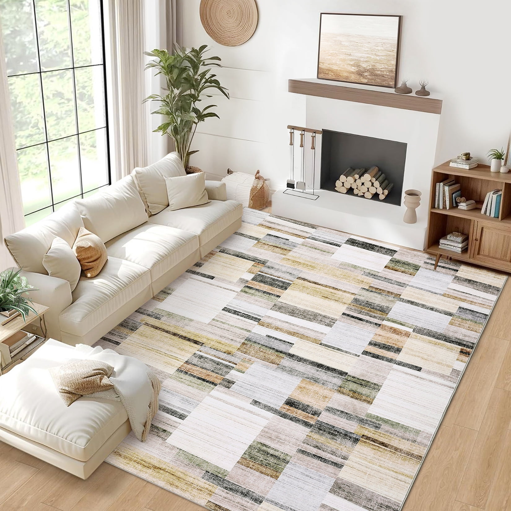 Garvee Geometric Area Rug 9x12 Modern Washable Rug for Living Room, Non-Slip Stain Resistant Indoor Carpet for Bedroom Dining Room Office, Khaki