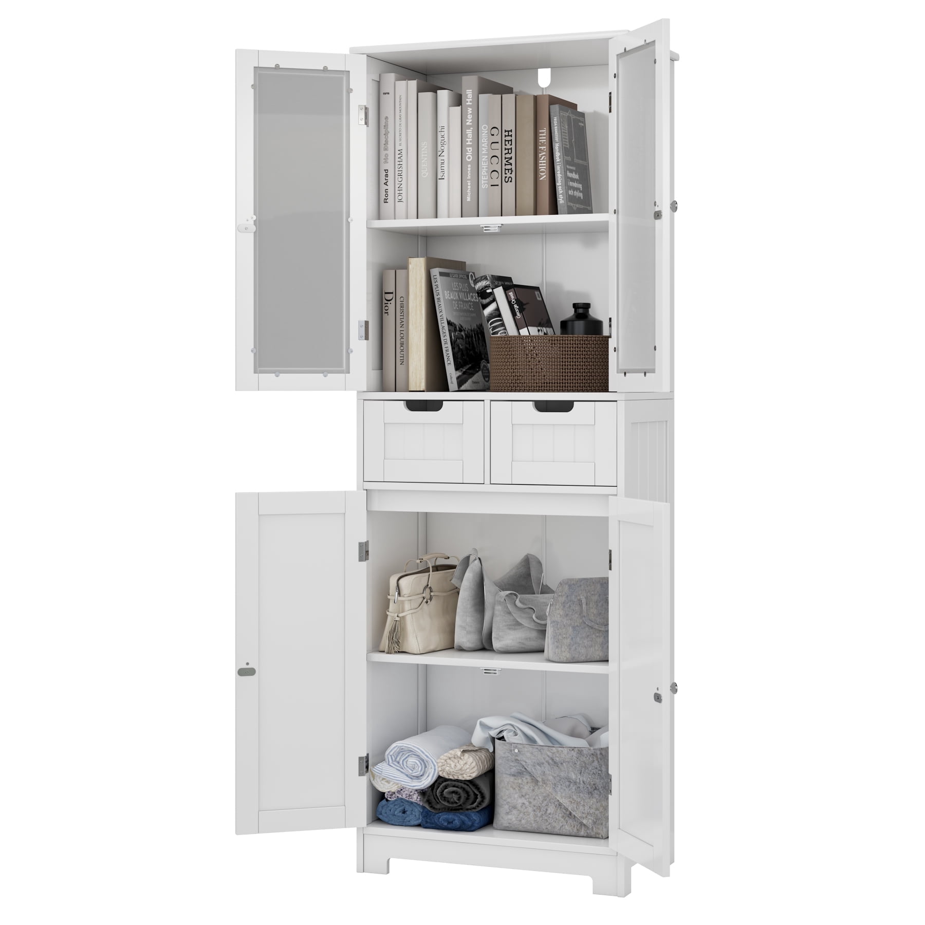 Homfa 2pcs Bathroom Cabinet with 4 Doors, 3-Tier Wood Tall Linen Storage Cabinet with 2 Drawers for Living Room Office, White
