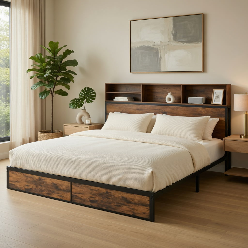 Demi Bonn King Size Bed Frame with Wooden Headboard and Footboard, Industrial Metal Platform Bed Frame with Under Bed Storage, No Box Spring Needed, Brown