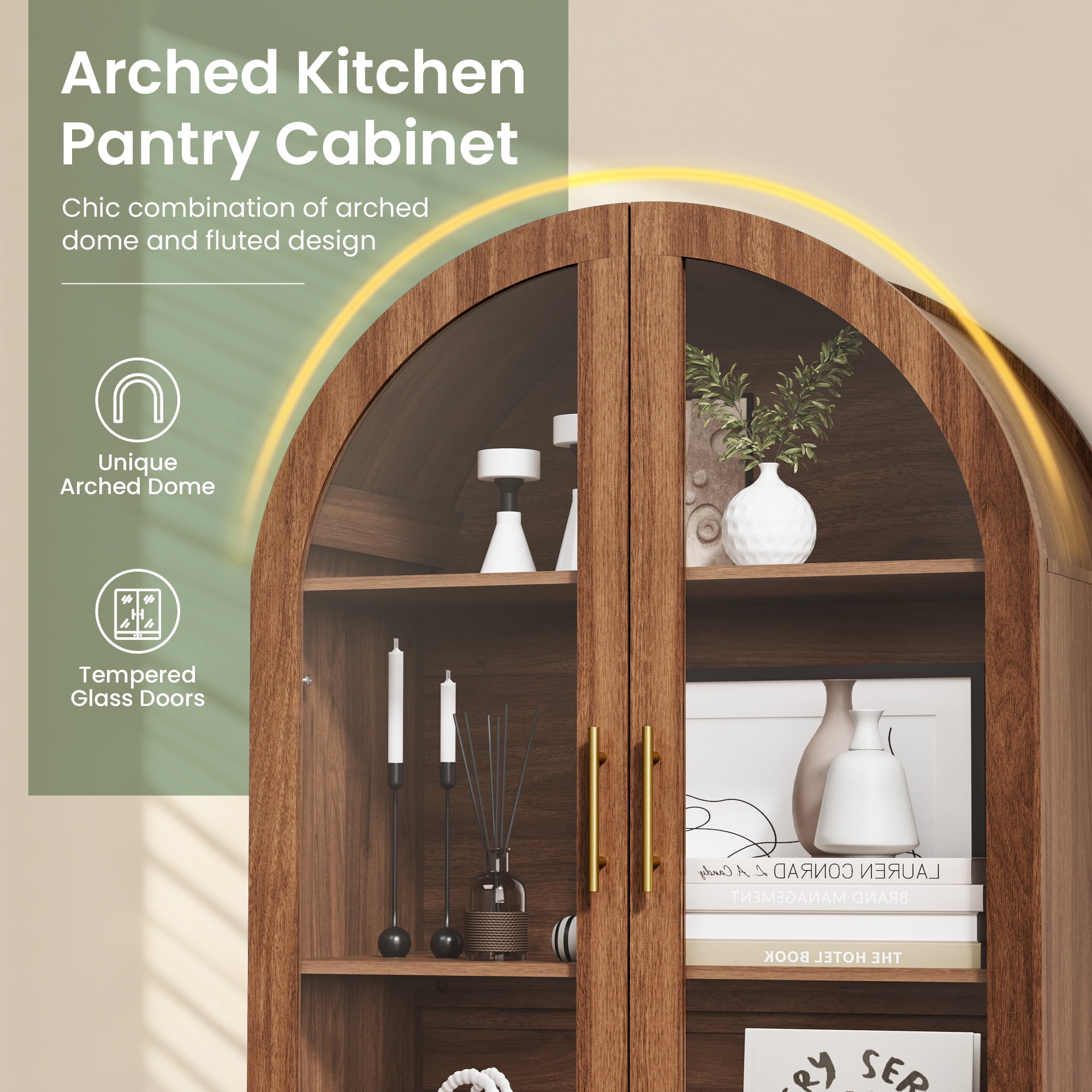 PamapicLife 71" Tall Walnut Arched Cabinet, Fluted Kitchen Pantry With Glass Doors, Adjustable Shelves