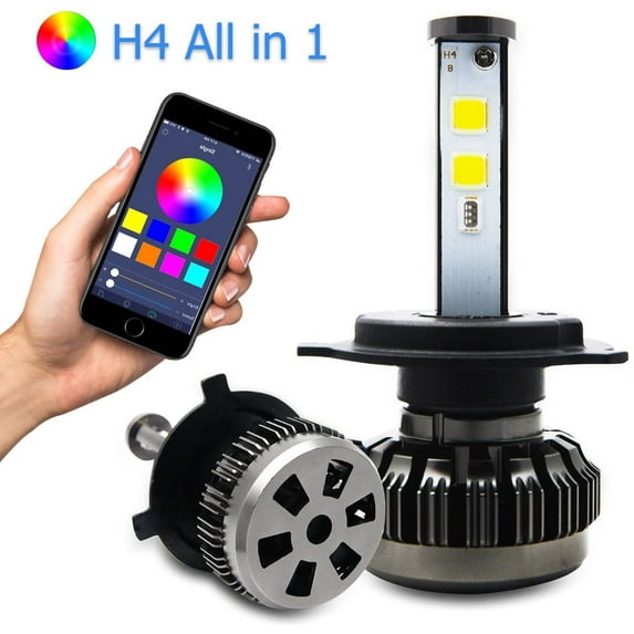 RGB Led Car Headlight Bulbs H4 Kit, TOTMOX Adjustable Brightness Auto Headlight Bulbs 6000K-10000K 80W 8000LM Super White COB Chips Lamps with Smart App Control Pack of 2 Pcs