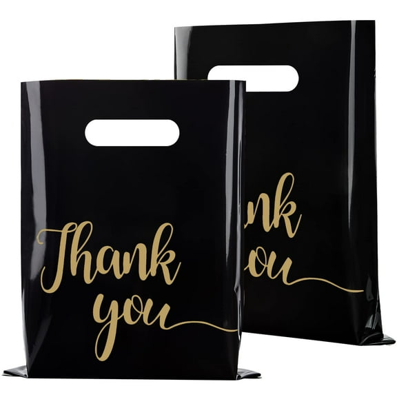 MODANU 50 Pcs Thank You Shopping Bags, 12 x 8 inch Plastic Gift Bags with Handles, Thickened Merchandise Bags for Retail, Party Gift Bags, Clothes Store(Black)