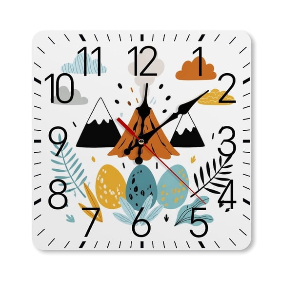 RKSupls 10×10inch Square Silent Wall Clock Wooden Frame, Volcano Dinosaur Eggs Scale Decorative Clock for Home Bedroom Living Room Office