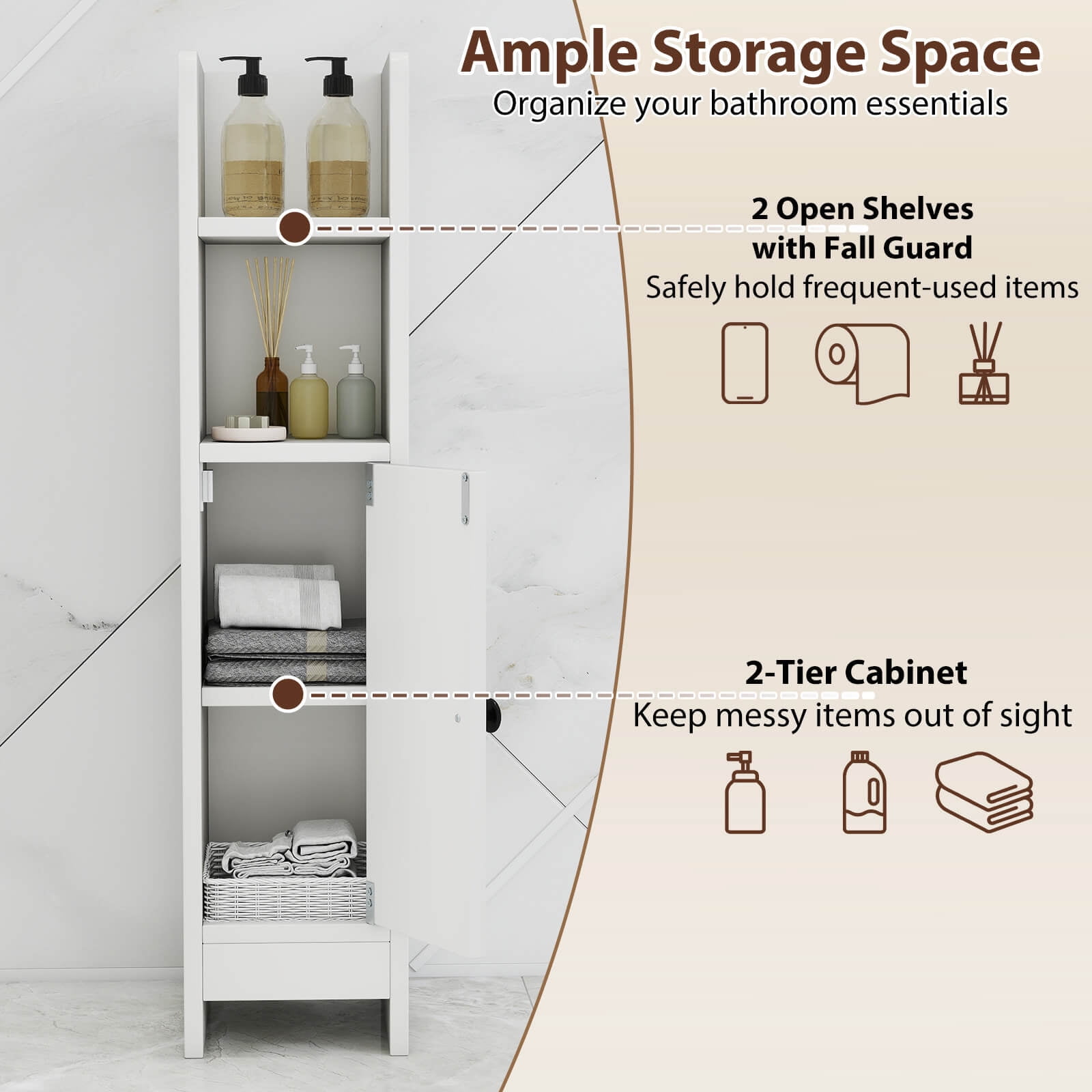 Costway Bathroom Storage Cabinet with Adjustable Shelf 1 Door & 2 Open Shelves Living Room White