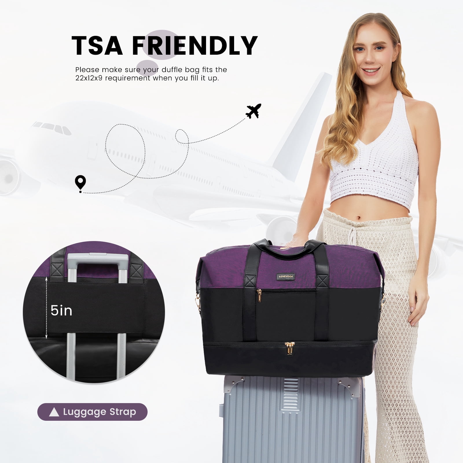 Lovevook Travel Duffel Bag for Women, Large Weekender Overnight Bag, Carry-on Gym Bag with Separate Shoes Compartment, Mom Hospital Bags for Labor and Delivery with 2 Packing Cubes