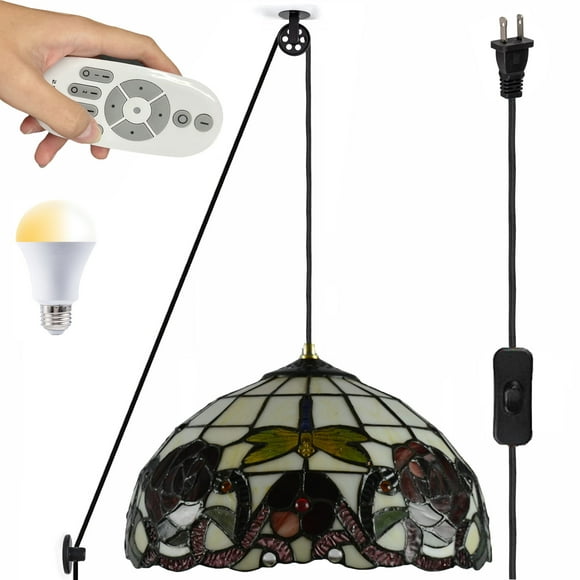 FSLiving Remote Control Dimmable Hanging Swag Pendant Light with Tiffany Glass Shade Colorful Chandelier with 20ft Plug-in UL On/Off Button Switch for Sloped Ceiling/Flat Ceiling Home Decor - 1 Pack
