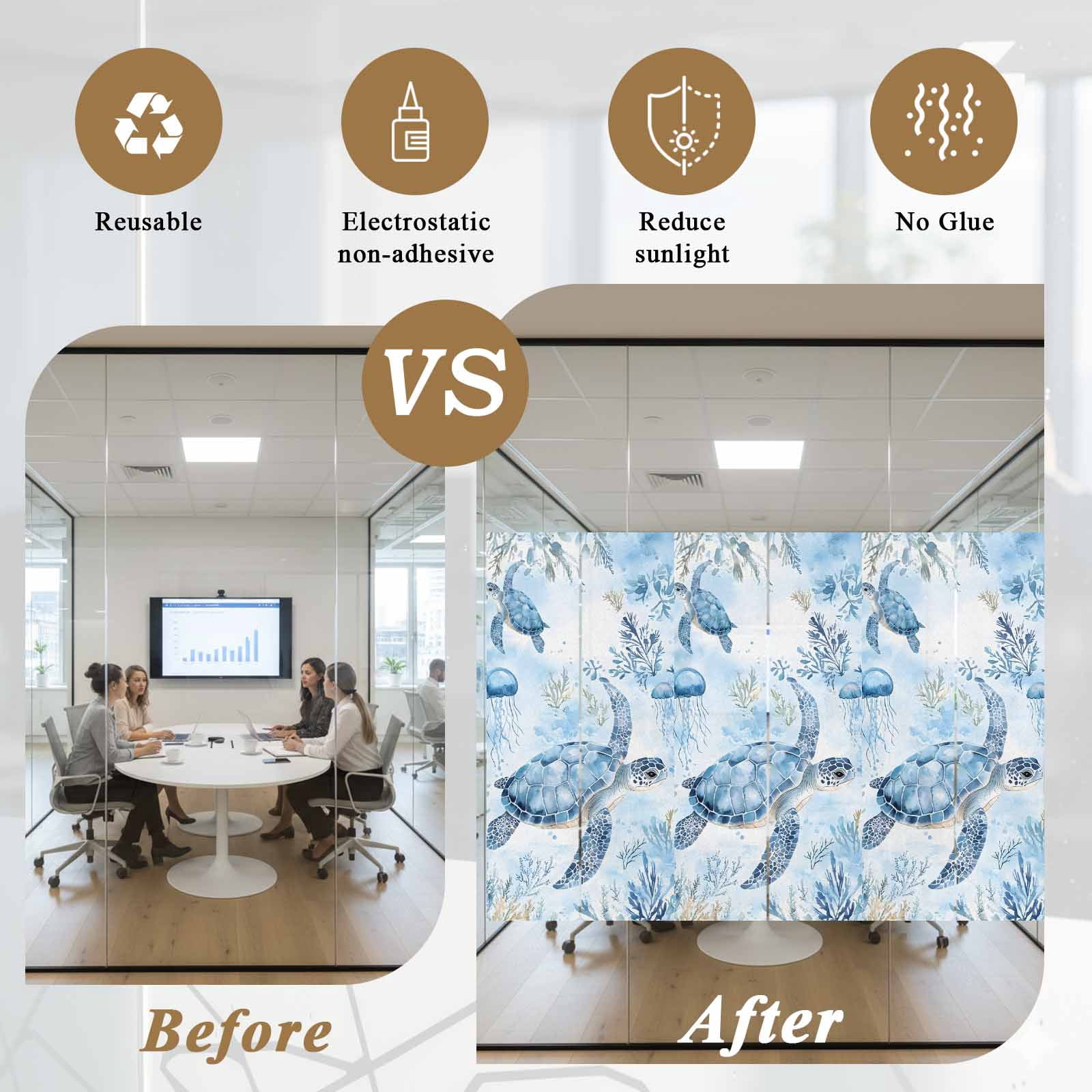 Blue Turtle Coastal Window Privacy Film, Coral Beach Nautical Ocean Static Cling UV Sun Blocking Heat Control Window Tint Day and Night, Non-Adhesive One Way Windows Privacy Cover 23.6''x59''