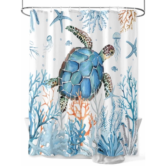 Shower Curtain Blue Turtle Bathroom Curtains with Hooks, Waterproof Fabric Cora Marine Life Fish Seagrass Bath Shower Curtains Set for Bathroom Bathtubs Decor 72x72 Inch